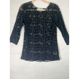 Maurice Black Lace Sheer Women Tunic Top 3/4 Sleeve  Layering Boho Chic M